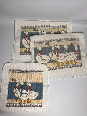 Lot of 3 VTG Cannon 80s Country Geese Goose Rag Towel Fringe READ Cottage Core